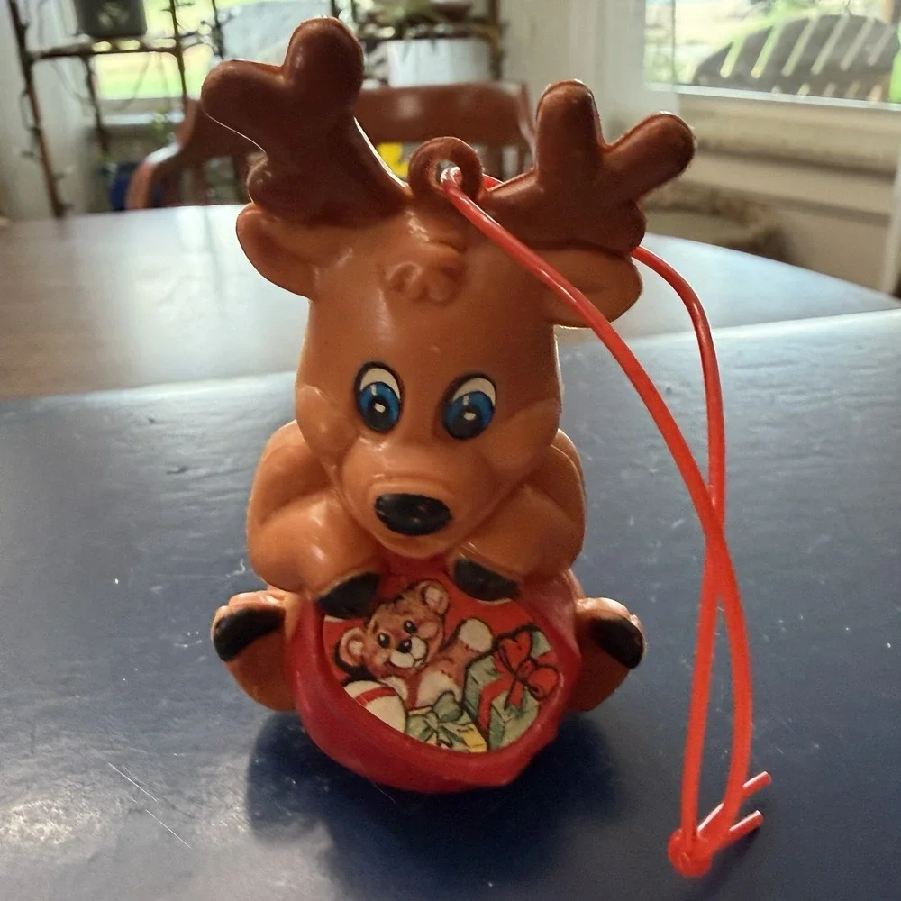 Vintage Plastic Reindeer Christmas Ornament Teddy Bear Toy Sack Tree Decoration